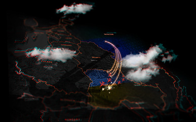 Image showing Ukraine flag, map and war with satellite view, missile launch and target in conflict with Russia. Global battlefield, warzone and action for military, fighter jet or freedom with double exposure