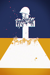 Image showing Veteran, grave and death in war with blood, flowers and memorial with military battle on blue background. Soldier, funeral and mockup for rip on headstone, respect and graveyard with mourning