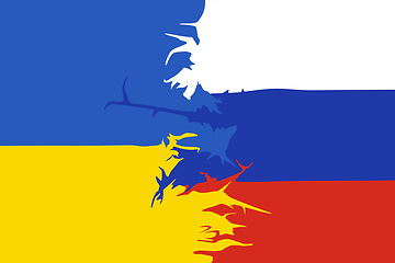 Image showing Conflict, Ukraine and Russia flag with crack, politics and battle for security, warzone and freedom. Europe, government and war with sign, illustration and chaos in apocalypse, human rights or safety