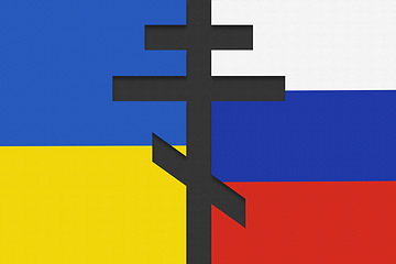 Image showing War, Ukraine and Russia with conflict, flag and peace with Russian orthodox cross overlay. Abstract, freedom and country in support for hope of assistance with crisis, power or politics for future