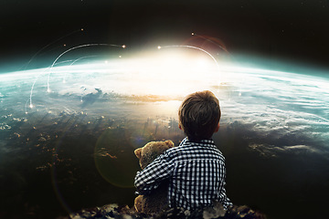 Image showing Boy, teddy bear and nuclear, war and apocalypse of violence, planet and explosion in space. Innocent child, looking and fear of strike on earth, brutal and invasion of danger, weapons and disaster