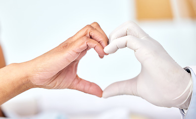 Image showing Healthcare, cardiology or heart hands with a doctor and patient closeup in a hospital for love or support. Medical, health or trust with a medicine professional and resident in a clinic for wellness