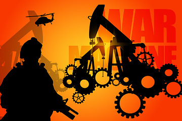 Image showing Male, silhouette and drill for oil on background with overlay, armed forces and helicopter with war. Person, man or soldier with rifle for protection, security or power for mission for resources