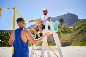 Image showing Volleyball, angry referee and man rules in match, competition and sport outdoor. Workout, game and male person with people, frustrated athlete and beach court on sand in summer with notes by ocean