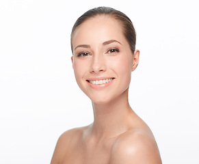 Image showing Woman, skincare and studio for beauty portrait or cosmetic skin peel, spa glow or smile. Female model, face and natural detox or hydra facial wellness results for shine, clean on white background