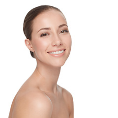 Image showing Woman, skincare and studio for dermatology portrait cosmetic or skin clean, spa glow or smile. Female model, happy face or natural beauty self care wellness results, shine hydrate on white background