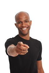 Image showing Portrait, happiness and man pointing for choice with selection and white studio background. African person, casual fashion and announcement with decision for sign up, hiring and smile by hand gesture