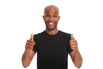 Image showing Studio portrait, man and thumbs up with smile for vote emoji, feedback and review on white background. Black model, face and hand gesture for yes with positive, agreement and winner with approval