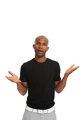 Image showing Studio portrait, man and hand gesture in unsure pose for clarity, bald head and isolated white background. Black model, casual fashion and body language in confused with question, doubt or uncertain