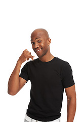 Image showing Studio portrait, man and hand gesture for call me, communication and invite to connect by white background. Black person, smile and friendly with social interaction, friendship and contact us sign