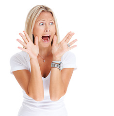 Image showing Woman, shocked or scream in studio phobia or scared, omg news emoji or terror. Female model person, horror face or shout danger for anxiety scary announcement or wtf surprise, pain reaction or hands