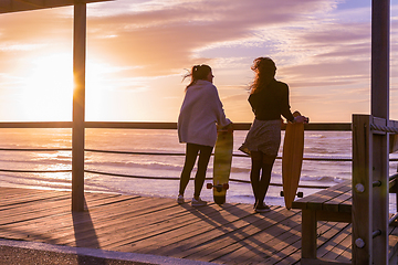 Image showing Two female friends chatting with skateboard 