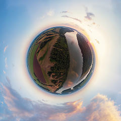 Image showing Aerial drone view of river landscape in sunny summer evening