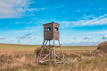 Image showing Wooden hunting tower in forest