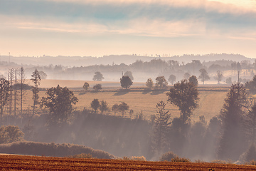 Image showing Autumn foggy and misty sunrise landscape