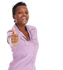 Image showing Woman, thumbs up or smile portrait studio for marketing promotion review, thank you or product sale. African female, face or ok hand for mockup space yes agreement review, approval or feedback emoji