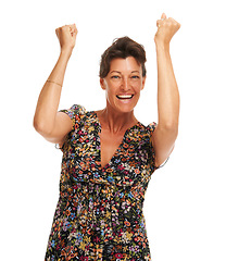 Image showing Woman, arms up or portrait cheer winning studio happy celebration cheer, congratulations or achievement. Female model person, happy smile or yes fist emoji energy face, results or goal review deal