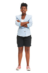 Image showing Woman, confident or fashion studio for smile unique trend, happy or good mood. African female person, portrait and blazer clothes for casual cool style, designer outfit or luxury trends for positive