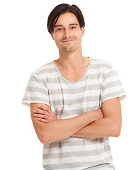 Image showing Man, confident and portrait in studio fashion for style, happy or designer t-shirt. Male model person, face smile and pose for casual clothes outfit or care free attitude, white background in Canada