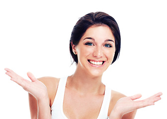 Image showing Woman, presentation hands and smile portrait studio advertising sale mockup space, logo or promo. Female model person, happy or gesture branding question information showing, teaching or marketing
