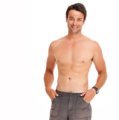Image showing Confident, man and portrait in shirtless with healthy body, fitness aesthetic and isolated white background. Caucasian model, happy and smile with muscle on tummy, studio and bare chest for mockup