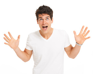 Image showing Studio, man and surprise with hands up, excited and mouth open with isolated on white background. Happy person, shocked face and amazing news in mockup for deal, announcement and omg gesture or wtf