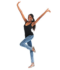 Image showing Woman, arms up and celebration in studio portrait happy winner, achievement or congratulations. African female, smile and white background mockup excited review or pride, space or emoji opportunity