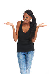 Image showing Woman, confused and portrait studio for doubt question decision, choice or marketing why offer. African female, shrug hand gesture or face on white background as emoji, solution or product comparison