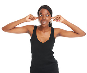 Image showing Woman, block ears noise and studio stress social anxiety or mad, headache pain or hearing problem. African female model, white background and healthcare fatigue or work burnout, tinnitus or infection