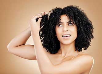 Image showing Hair, frustrated and woman with afro knots, frizz and isolated in a studio brown background with wellness and skincare. Comb, damage and confused person with cosmetic aesthetic in Brazil hairdresser