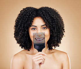 Image showing Hair, comb and portrait of woman with afro for style isolated in a studio brown background for wellness and skincare. Texture, natural and young person with cosmetic aesthetic in Brazil hairdresser