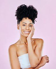 Image showing Beauty, smile and portrait of woman in studio with hand touching glowing skin on pink background. Happy, face and female model satisfied with wellness, cosmetics and skincare, treatment or results