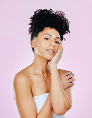 Image showing Face, beauty and woman, natural and dermatology with clean skin, wellness and glow on pink background. Skincare, antiaging and cosmetics with self care, spa treatment and fresh with hygiene in studio