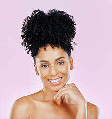 Image showing Smile, natural beauty and portrait of woman in studio with glowing skin results on pink background. Happy, face and female model with cosmetic satisfaction, wellness and skincare, treatment or shine