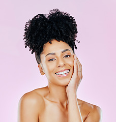 Image showing Skincare, portrait and woman with natural beauty in studio for wellness, treatment or glow on pink background. Shine, smile and hands on face of female model with dermatology satisfaction or pamper