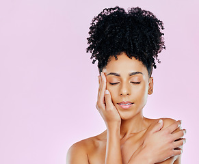 Image showing Skincare, relax and woman with natural beauty in studio for wellness, treatment or glow on pink background. Calm, shine and hands on face of female model with dermatology satisfaction or results
