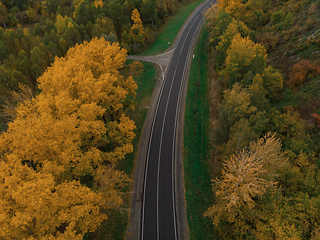 Image showing Aerial view of road in beautiful autumn Altai forest