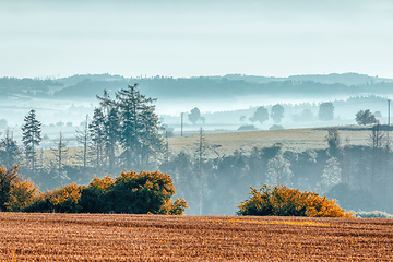 Image showing Autumn foggy and misty sunrise landscape