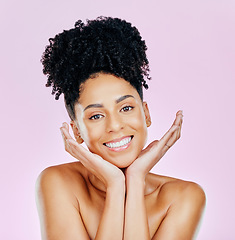 Image showing Portrait, happy and woman in studio for natural beauty, wellness or cosmetic treatment on pink background. Smile, skincare and hands on face of lady model with dermatology result satisfaction or glow