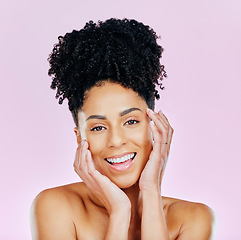 Image showing Natural beauty, portrait and happy woman in studio for wellness, cosmetics or treatment on pink background. Smile, skincare and hands on face of female model excited for dermatology results or glow