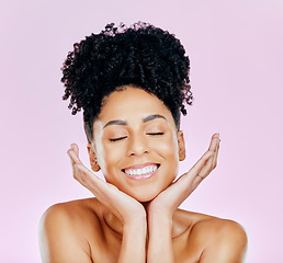 Image showing Relax, skincare and woman with natural beauty in studio for wellness, treatment or glow on pink background. Happy, shine and hands on face of female model with dermatology satisfaction or results