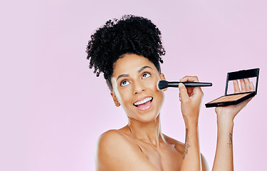 Image showing Makeup brush, foundation and studio face of happy woman with tools for skincare shine, powder application or makeover. Beauty face cosmetics, morning routine and spa person smile on pink background