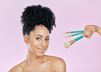 Image showing Makeup brush, happy and studio portrait of woman with tools for skincare shine, foundation application or wellness treatment. Beauty face cosmetics, facial cosmetology and person on pink background