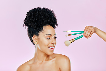Image showing Makeup brush, happy and studio face of woman with tools for skincare glow, foundation product or wellness treatment. Beauty spa cosmetics, facial cosmetology and dermatology person on pink background