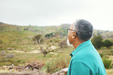 Image showing Senior man, back and thinking in nature, holiday and freedom with memory, ideas and relax outdoor. Mature person, vision and countryside with reflection, choice or decision in woods, hill or field