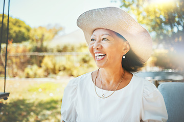 Image showing Thinking, outdoor and senior woman with a smile, memory and nature with sunshine, cheerful and peace. Pensioner, elderly person and old lady with happiness, remember and nostalgia with retirement