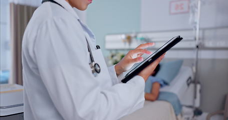 Image showing Person, hands and doctor with tablet in medical research, healthcare or Telehealth communication at hospital. Closeup of nurse or surgeon on technology in networking, study or online search at clinic