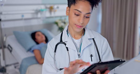 Image showing Woman, doctor and tablet in research for medical, healthcare or Telehealth in communication at hospital. Female person, nurse or surgeon on technology for networking, study or online search at clinic
