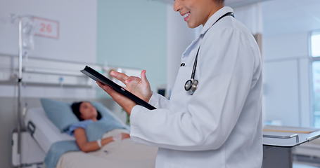 Image showing Happy woman, doctor and hands with tablet in medical research, healthcare or telehealth communication at hospital. Closeup of female person, nurse or surgeon on technology for online search at clinic