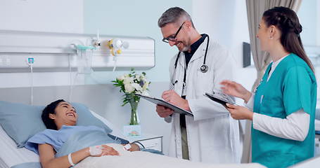 Image showing Happy man, doctor and writing patient results in diagnosis, prescription or healthcare checkup on hospital bed. Male person, medical team or surgeon talking to customer for health advice at clinic